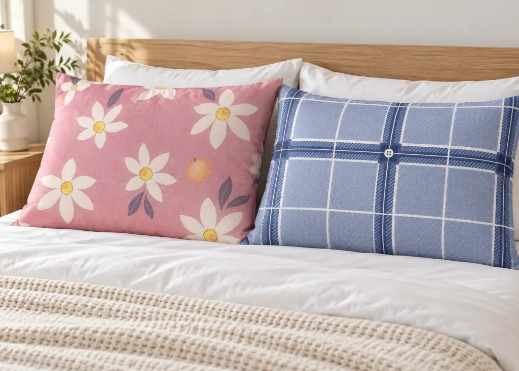 Almohadas florales y a cuadros en cama.webp