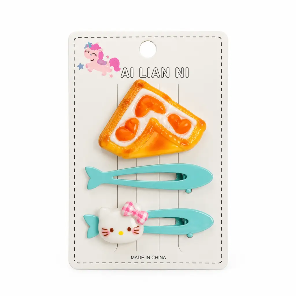 Three whimsical hair clips on cream card.webp