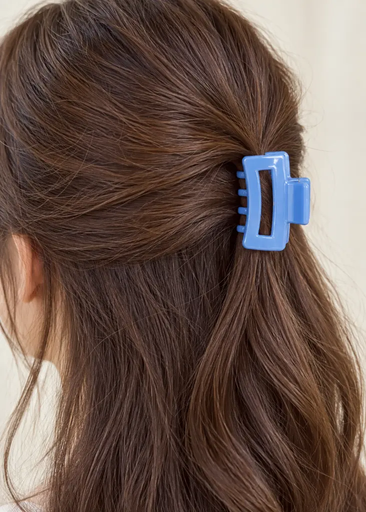 Sky blue claw clip in brown hair-2.webp