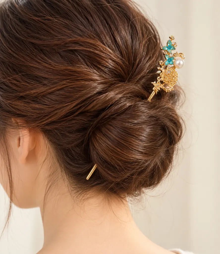 Turquoise-accented gold hair stick in bun-2.webp