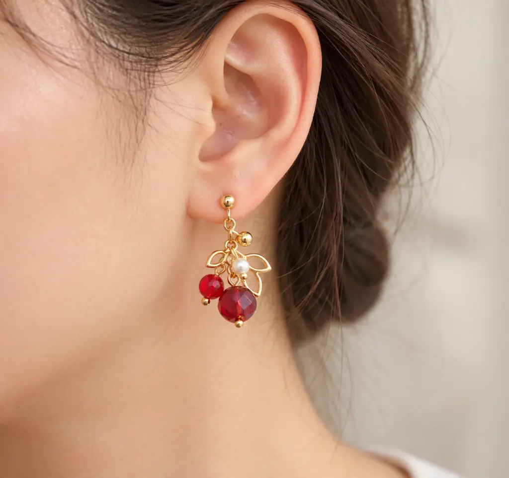 Gold Leaf Earring with Red Beads-2.webp