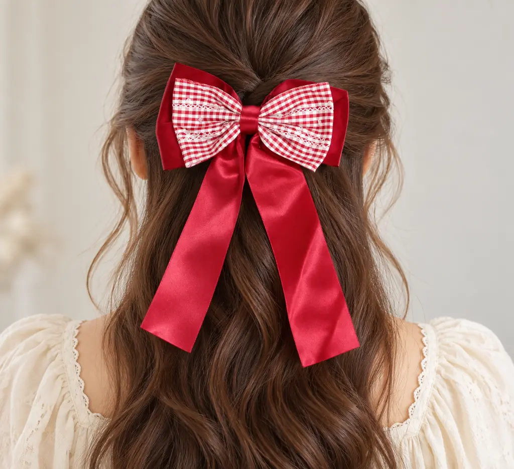 Red satin and gingham hair bow-2.webp