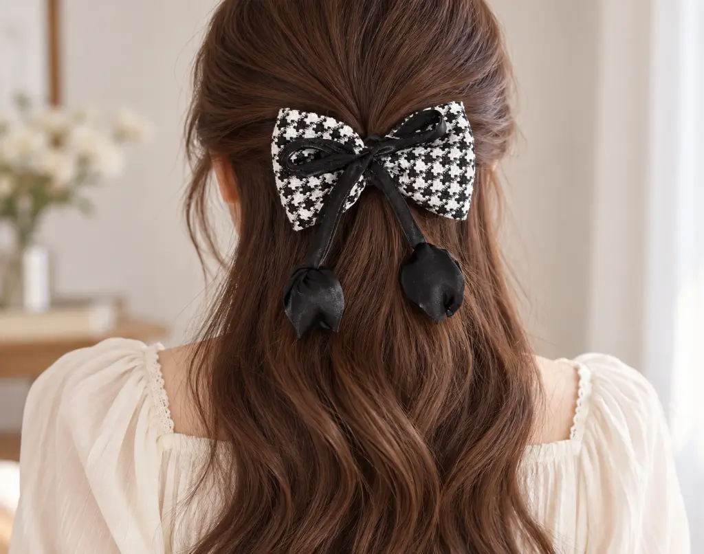 Elegant black-and-white houndstooth hair bow-2.webp