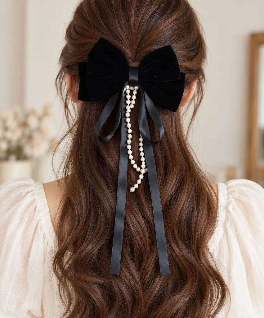 Elegant black bow with pearl strands-2.webp