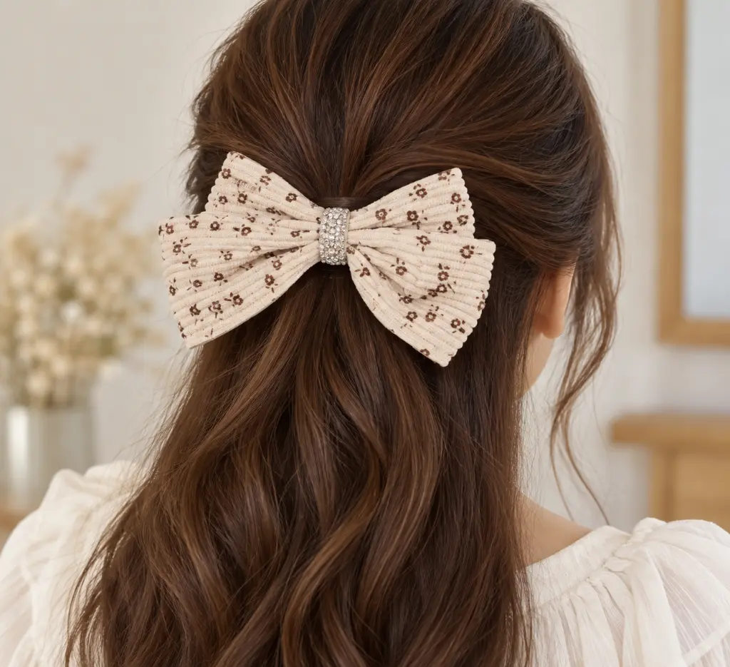 Cream floral rhinestone hair bow-2.webp