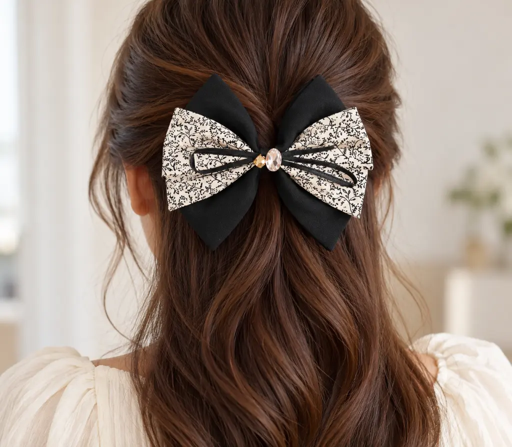 Ivory and black botanical hair bow-2.webp