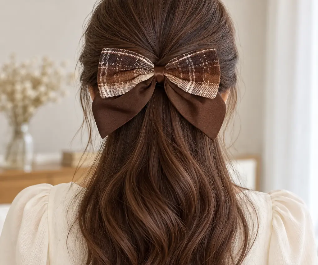 Brown Plaid Bow in Half-Up Hair-2.webp