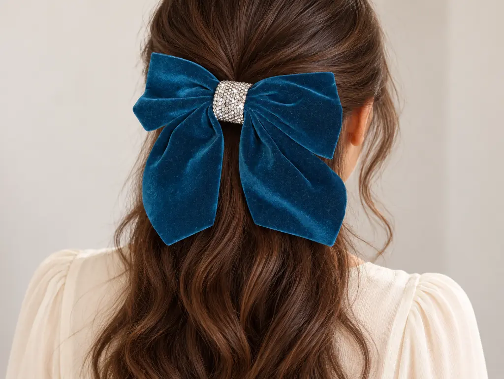 Brunette wearing a teal velvet bow-3.webp