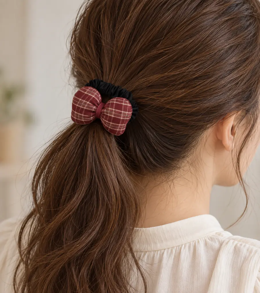 Burgundy plaid bow ponytail accessory-2.webp