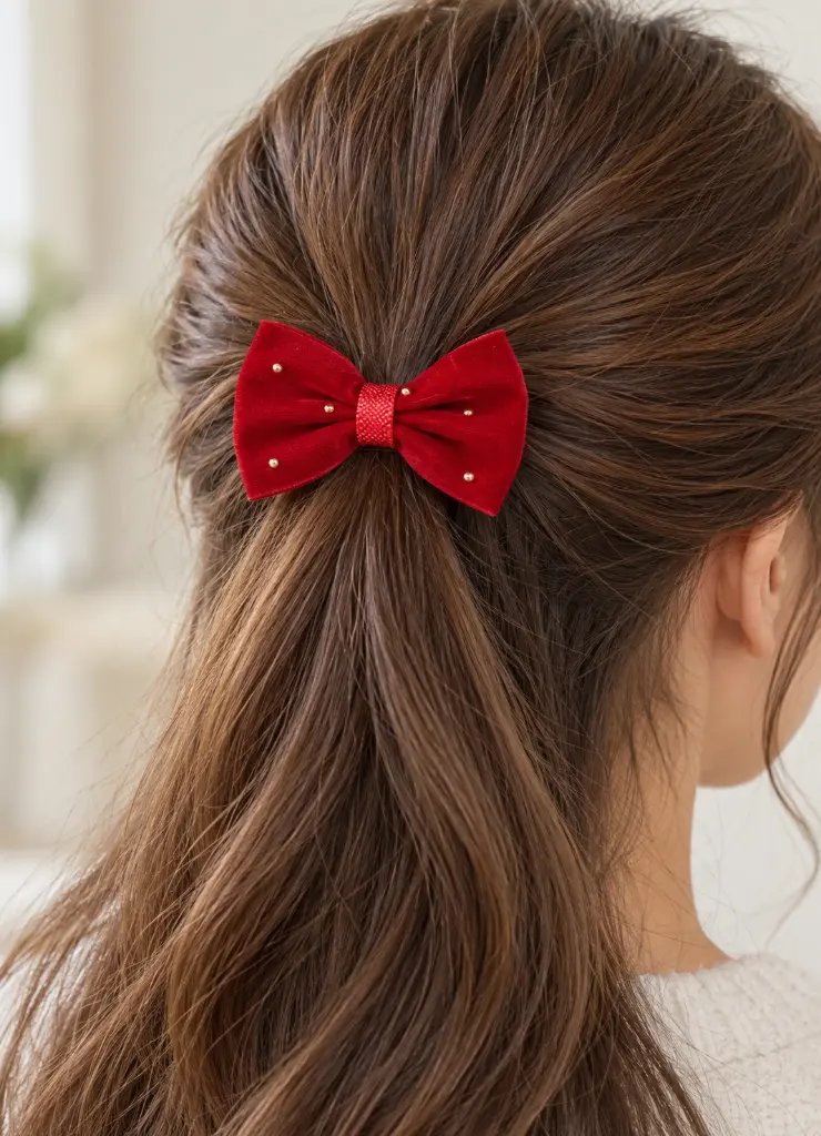 Red velvet bow in a half-up ponytail-2.webp