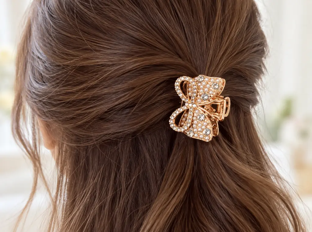 Gold rhinestone bow claw in brown hair-2.webp