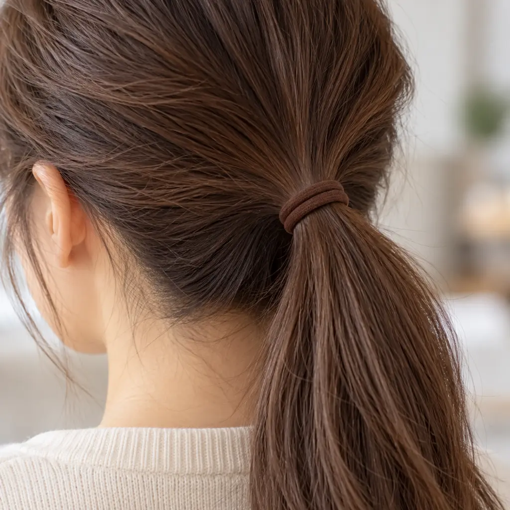Brown fabric hair elastic securing ponytail-2.webp