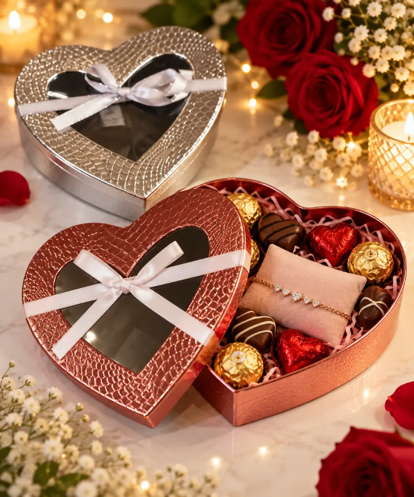 Caja corazón abierta con chocolates y pulsera-2.webp