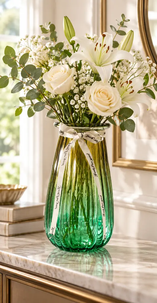 Jarrón acanalado verde con flores y cinta-2.webp
