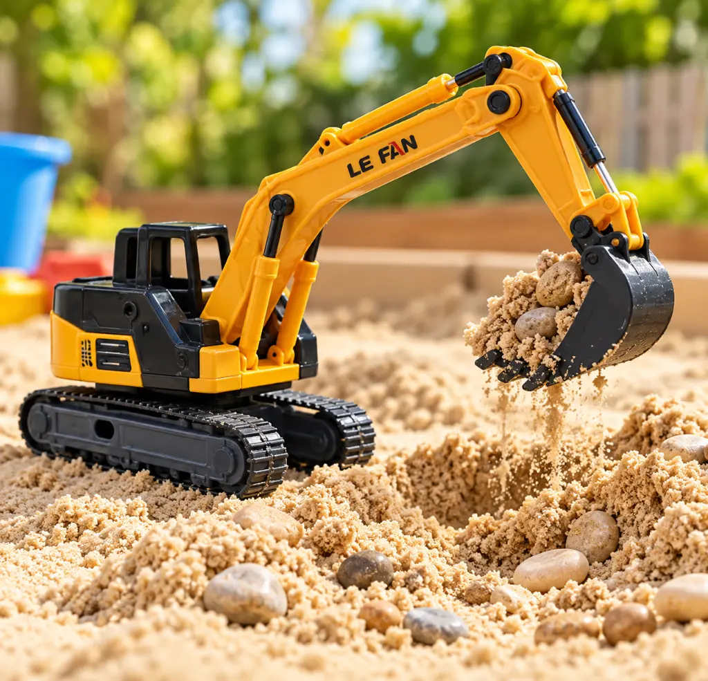 Excavadora amarilla excavando arena cinética-3.webp