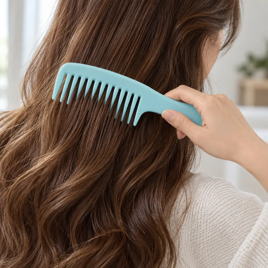 Peine turquesa desenredando cabello ondulado-2.webp