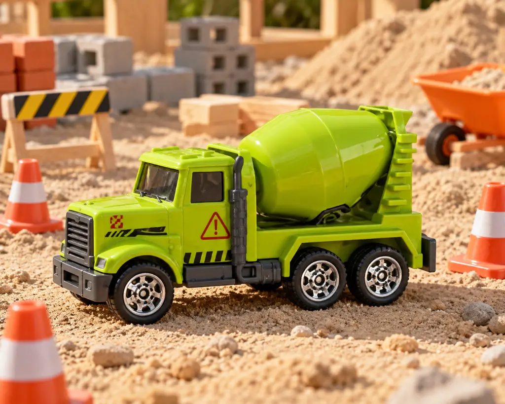 Camión mezclador verde en obra infantil-2.webp