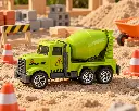 Camión mezclador verde en obra infantil-2.webp