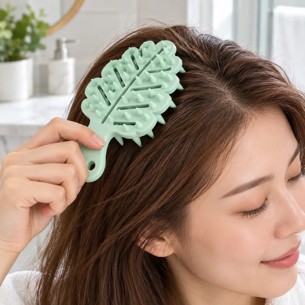 Peine masajeador verde menta en uso-2.webp