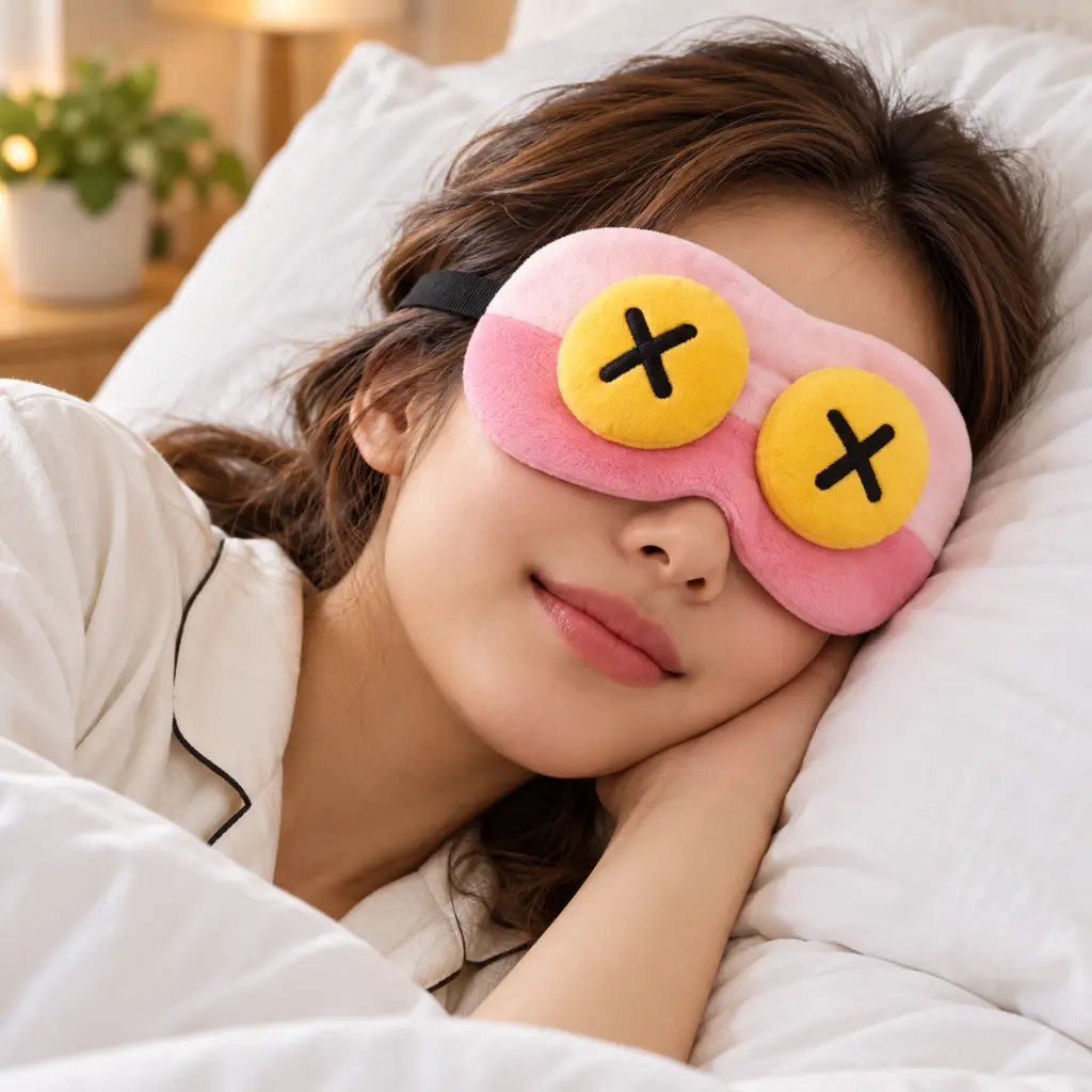 Máscara de dormir rosa sobre almohada blanca-2.webp