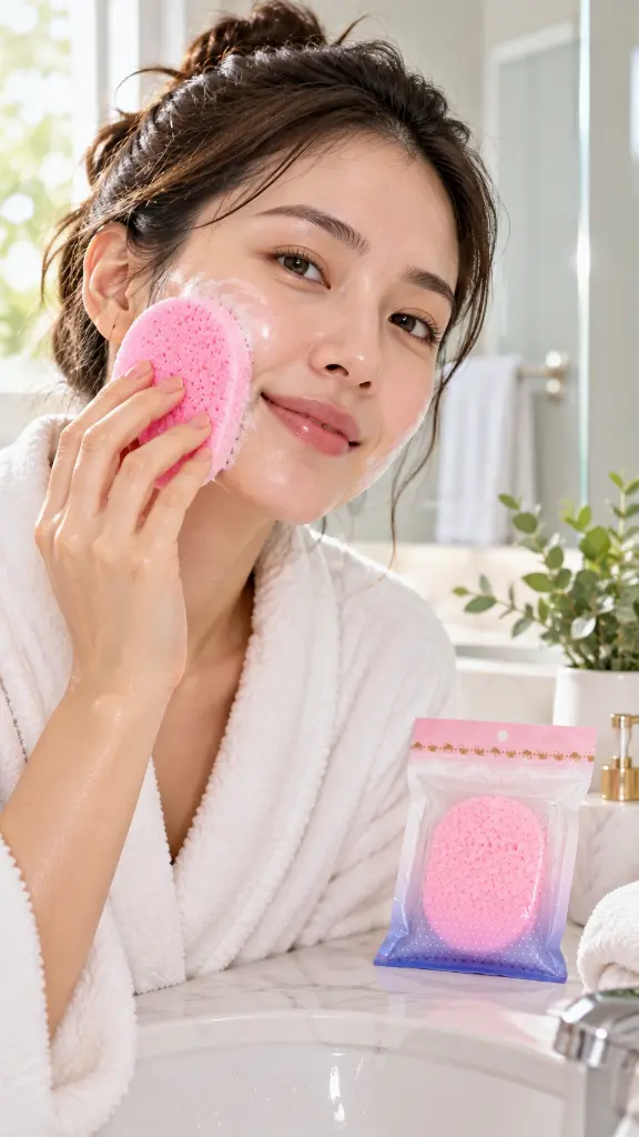 Esponja facial rosa en uso-2.webp