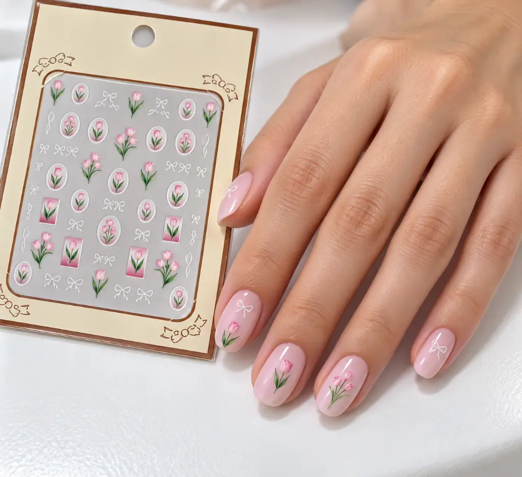 Uñas rosa pálido con tulipanes y lazos-2.webp