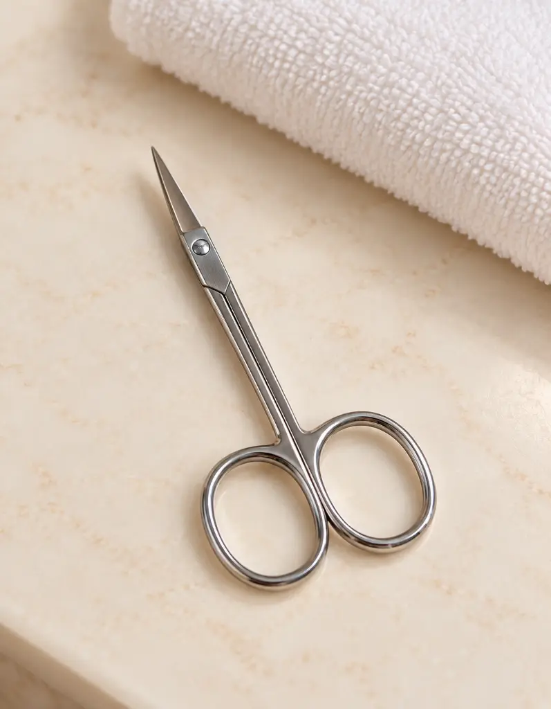 Silver eyebrow scissors on cream vanity-2.webp