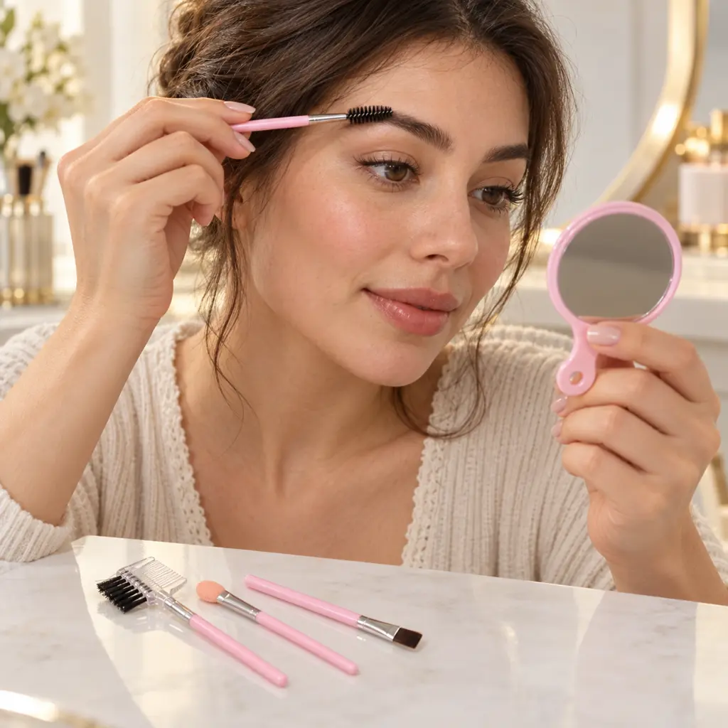 Brushing brows with a pink mirror-2.webp