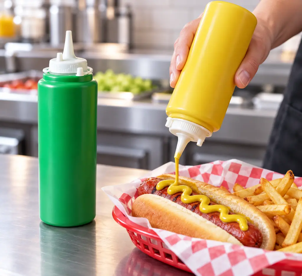 Botella amarilla sirviendo mostaza sobre hot dog-3.webp
