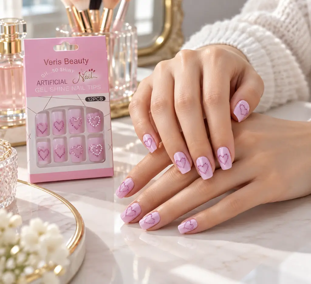 Lilac heart press-on nails at a vanity-2.webp