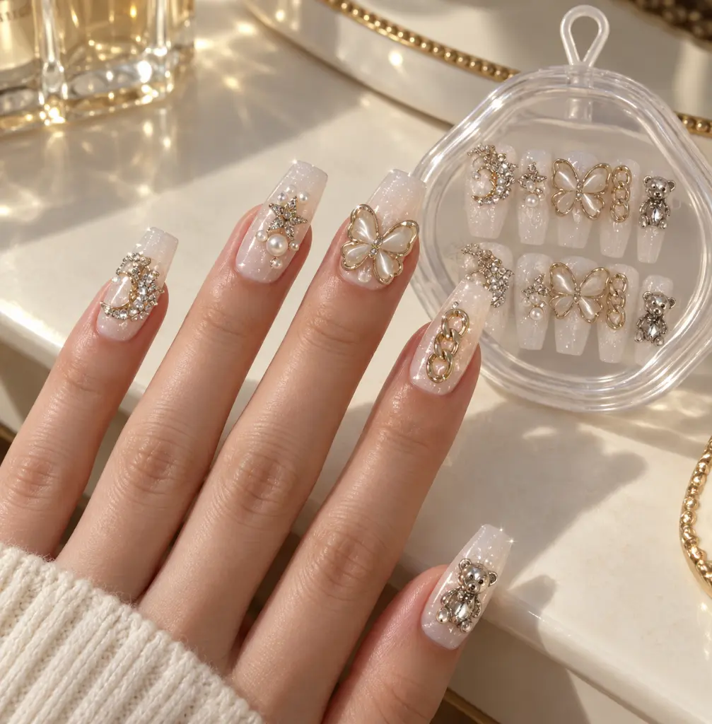Pearlescent charm nails on ivory vanity-2.webp