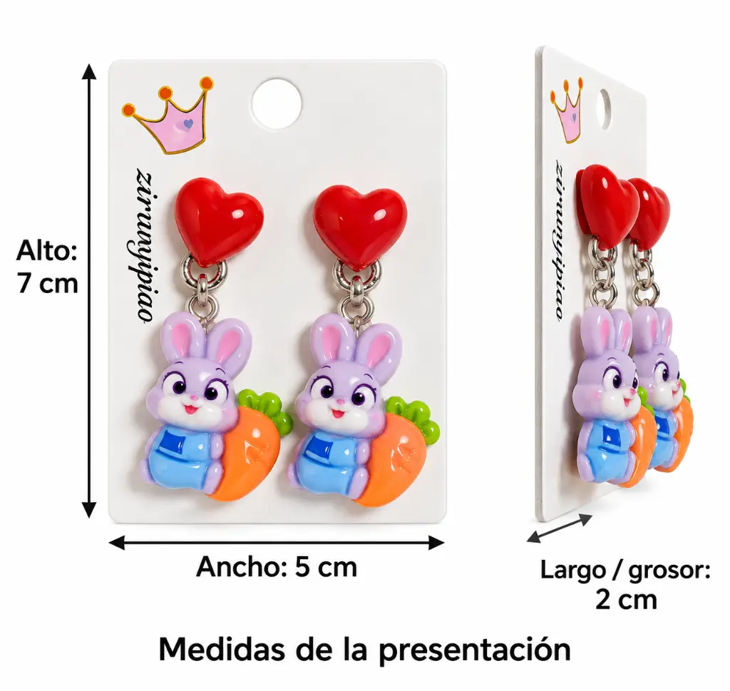 Lilac rabbit carrot earrings with measurements-3.webp