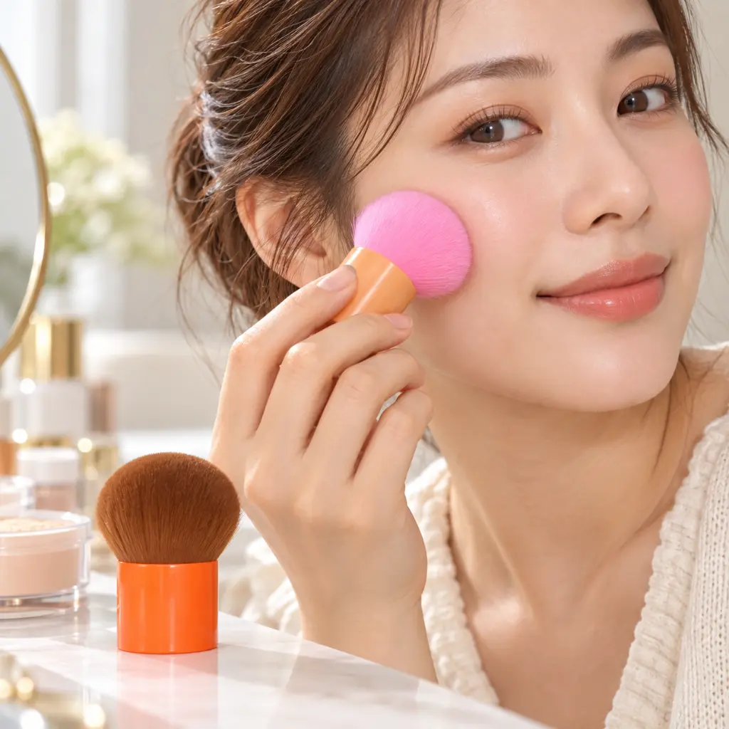 Woman using a pink kabuki brush-2.webp