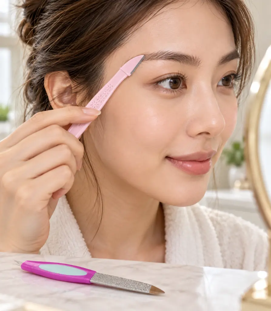 Pale pink eyebrow razor in use-2.webp