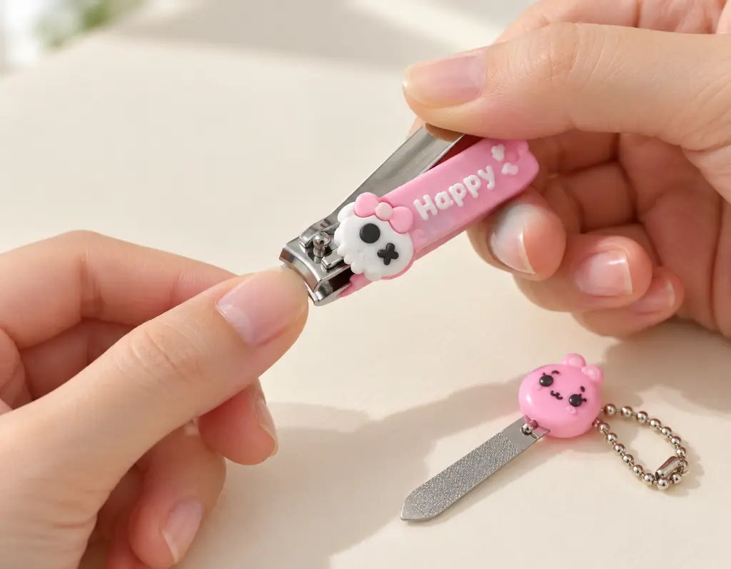 Pink skull nail clipper in use-2.webp