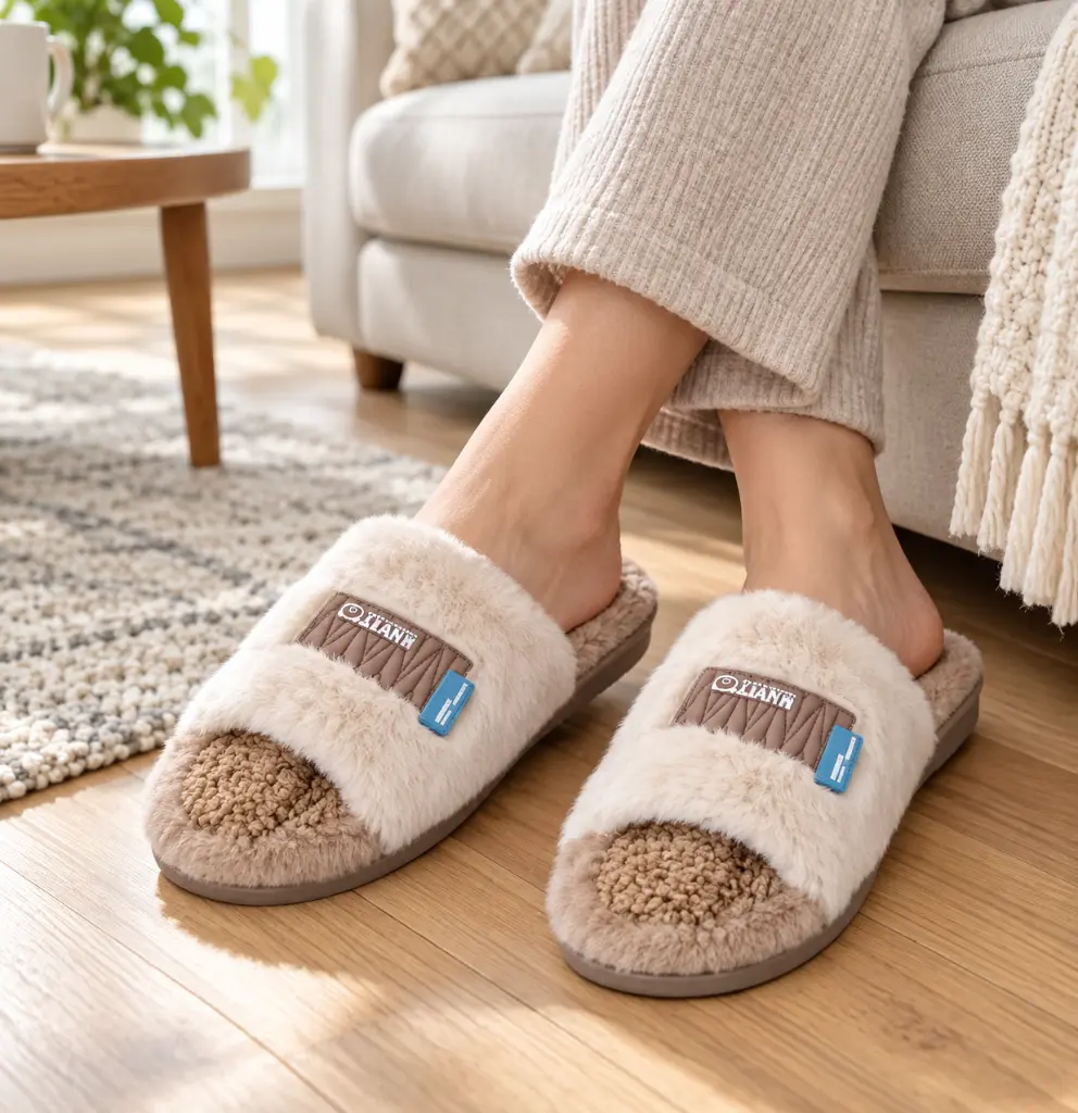 Pantuflas crema de pelo junto al sofá-2.webp