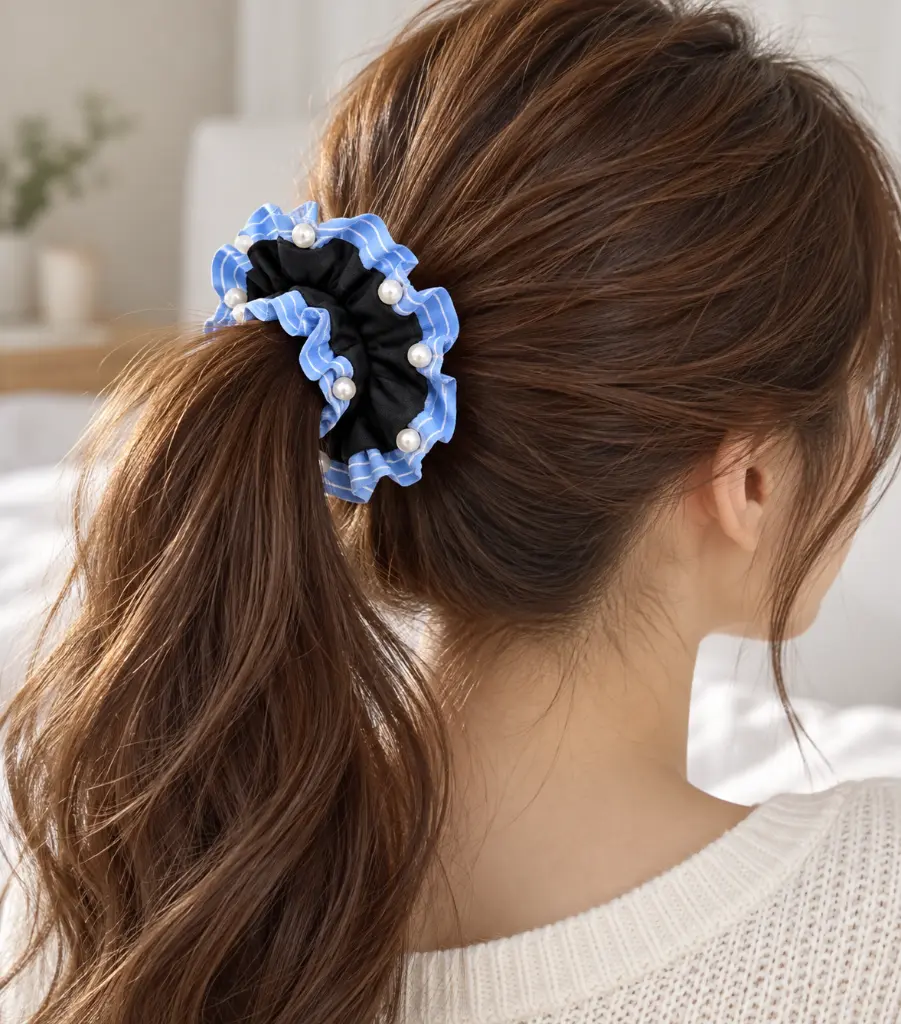 Pearl-Trimmed Striped Scrunchie in Ponytail-2.webp