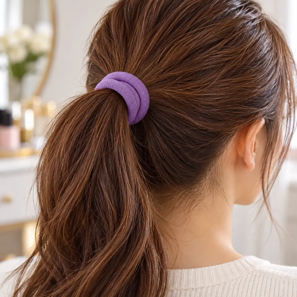 Purple hair tie securing a ponytail-2.webp