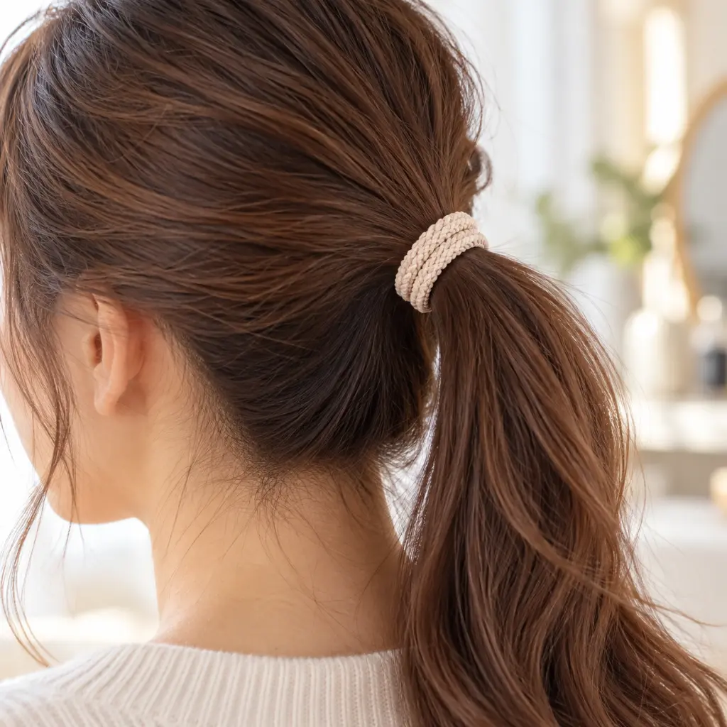 Cream braided hair tie securing ponytail-2.webp