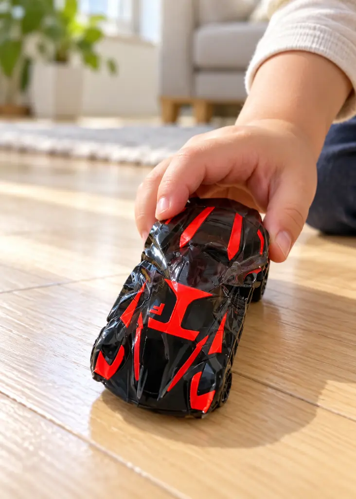 Pequeño coche futurista rojo y negro en acción-2.webp