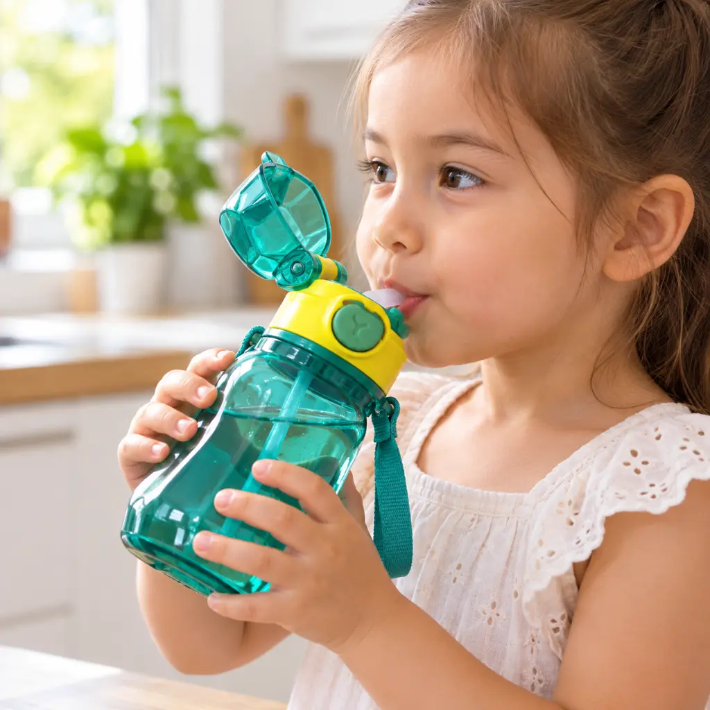Niña bebiendo de botella turquesa-2.webp