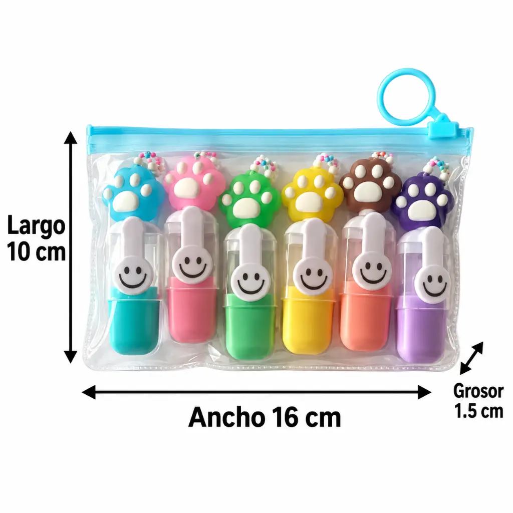 Seis mini resaltadores en bolsa con medidas-2.webp