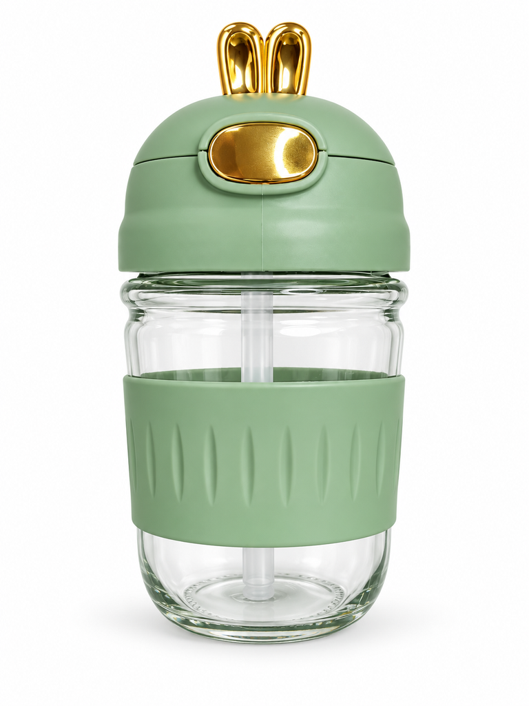 VASO DE VIDRIO CON TAPA DE SALTO DE CONEJITO DE FEIFAN (CAJA COLORIDA)