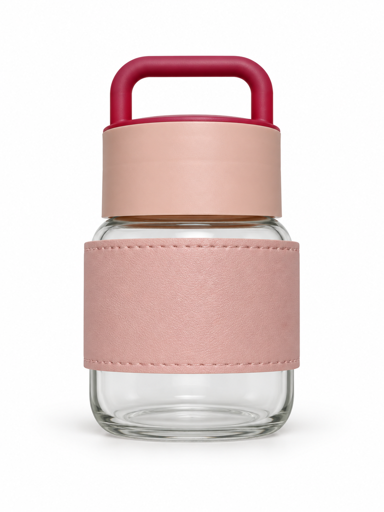 VASO DE VIDRIO CON FUNDA DE CUERO Y ASA PORTÁTIL (105)